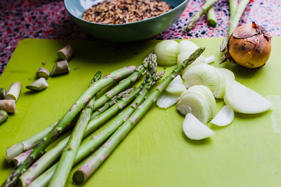 High angle view of chopped vegetables on cutting board