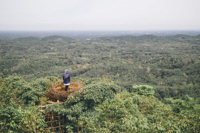 Rear view of woman working on field against sky