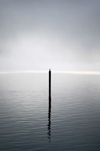 Wooden post in sea against sky