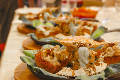 Close-up of food served in plate on table