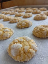 High angle view of cookies in plate on table