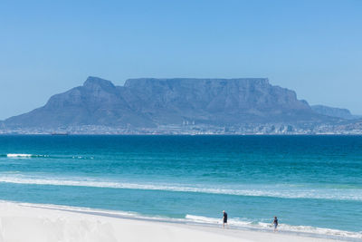 People on beach against clear blue sky