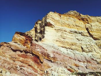 Low angle view of rock formation against clear blue sky