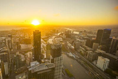 High angle view of cityscape during sunset