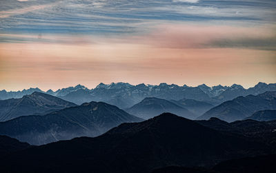 Scenic view of mountains against sky during sunset