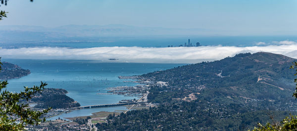 High angle view of bay against sky