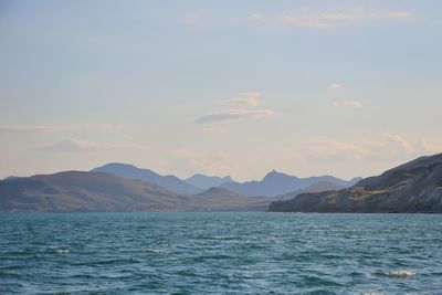 Scenic view of lake and mountains against sky