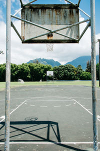 Empty basketball court on sunny day