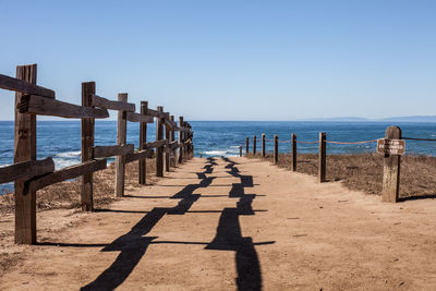 Wooden pier on beach against clear sky