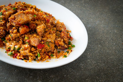 High angle view of food in plate