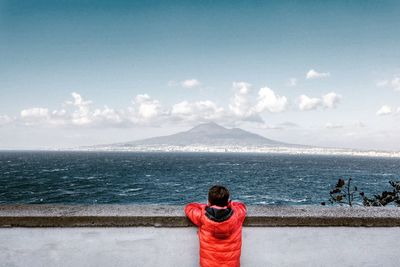 Rear view of man looking at sea against sky