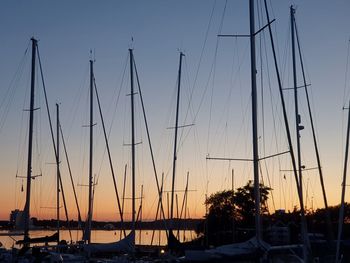 Sailboats in marina at sunset