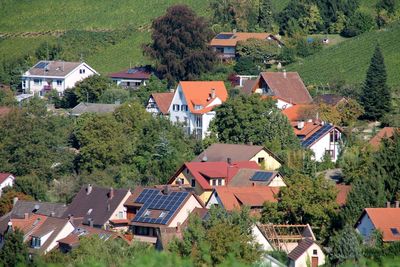 High angle view of houses in town