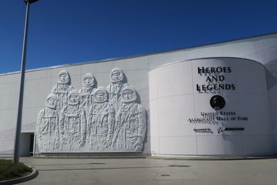 Low angle view of text on building against clear blue sky