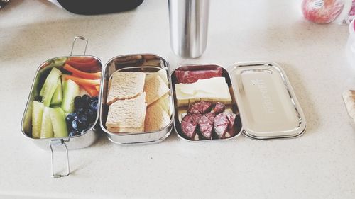 High angle view of breakfast on table