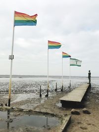 Flag on beach against sky