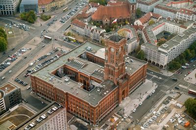 High angle view of street amidst buildings in city