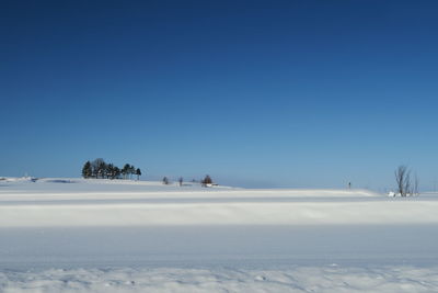 Scenic view of snow covered field against clear blue sky
