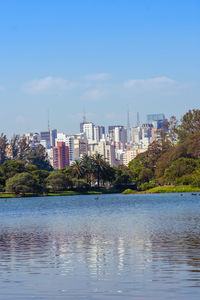 Scenic view of lake by buildings against blue sky