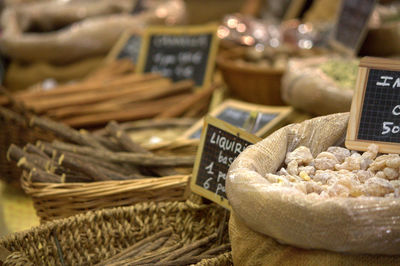 Spices in sack with price tag at store