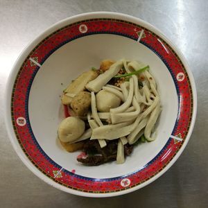 Directly above shot of soup in bowl on table