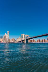 View of bridge over river against clear blue sky