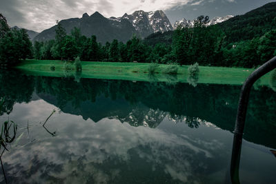 Scenic view of lake and mountains against sky