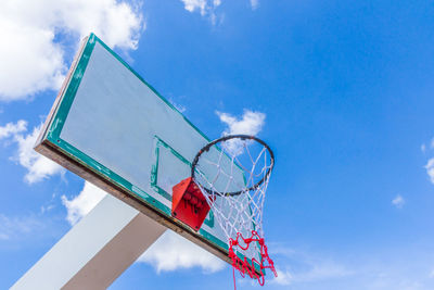 Low angle view of basketball hoop against blue sky