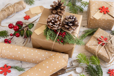 High angle view of christmas decorations on table