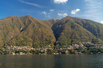 Scenic view of sea and mountains against sky