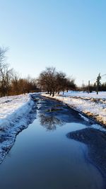 Scenic view of frozen lake against clear blue sky