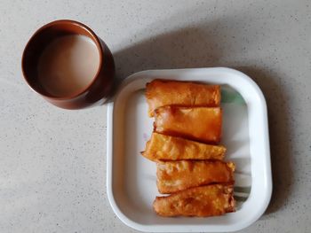 High angle view of breakfast served on table