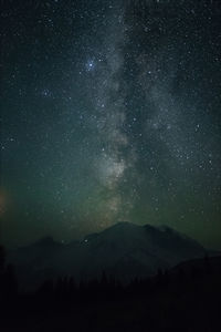 Scenic view of silhouette mountains against star field at night