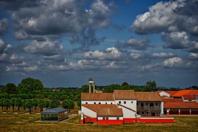 Houses on field by buildings against sky