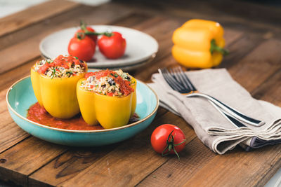 Close-up of fruits in plate on table