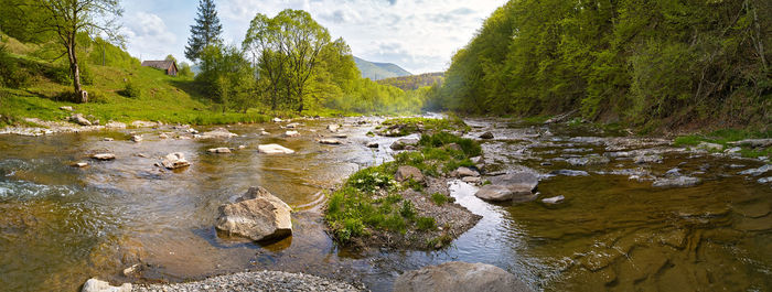 Spring mountain river panorama. evening sunlight on hills. creek water flowing in stones and rocks