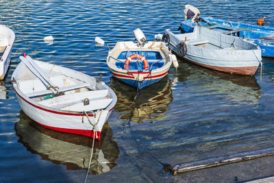 High angle view of boat moored in sea