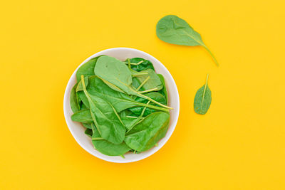 High angle view of green slices in bowl against yellow background