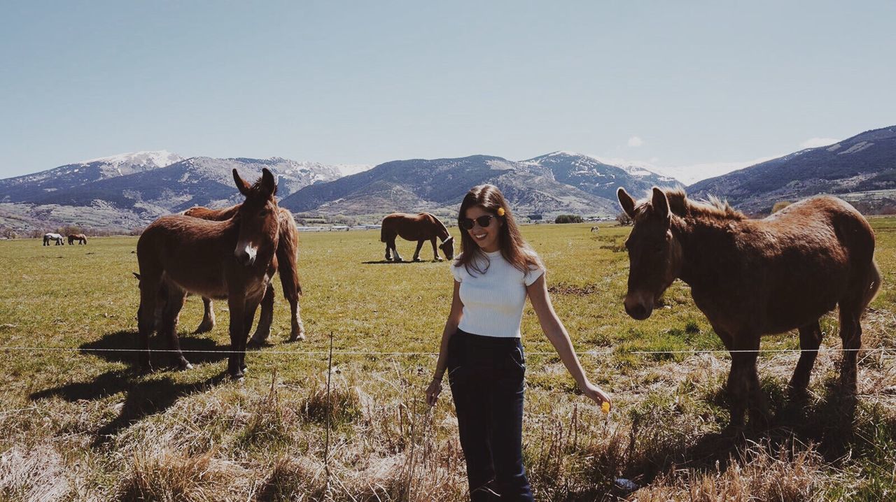 horse, sunlight, mountain, mammal, winter, sky, nature, landscape, people, beauty in nature, ranch, livestock, one person, domestic animals, full length, animal, standing, outdoors, clear sky, grass, snow, animal themes, scenics, cold temperature, adult, working, day, adults only, only women, young adult