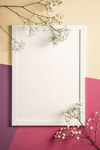 Close-up of white flower vase on table against wall at home