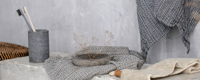 Close-up of food on table against wall at home