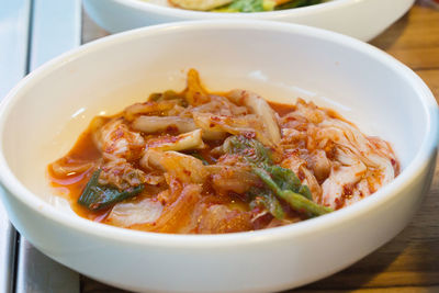 High angle view of noodles in bowl on table