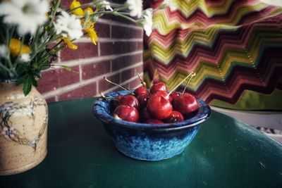 Close-up of strawberries in bowl on table