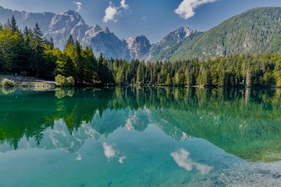 Scenic view of lake and mountains against sky