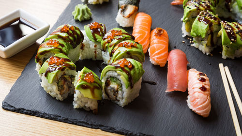 High angle view of sushi served on table