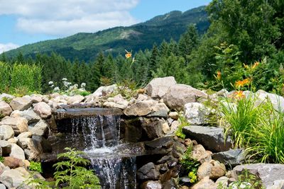 Scenic view of waterfall against mountains