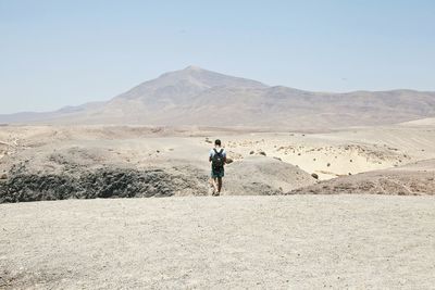 Rear view of woman standing on mountain against clear sky