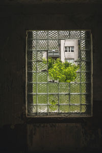 High angle view of building seen through window