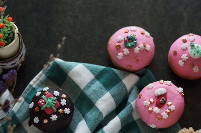 High angle view of christmas decorations on table