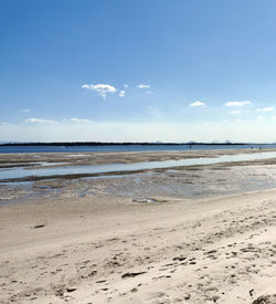 Scenic view of beach against blue sky